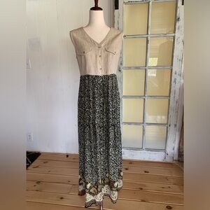 Vintage 90s linen vest top & gauze bottom fully button down dress